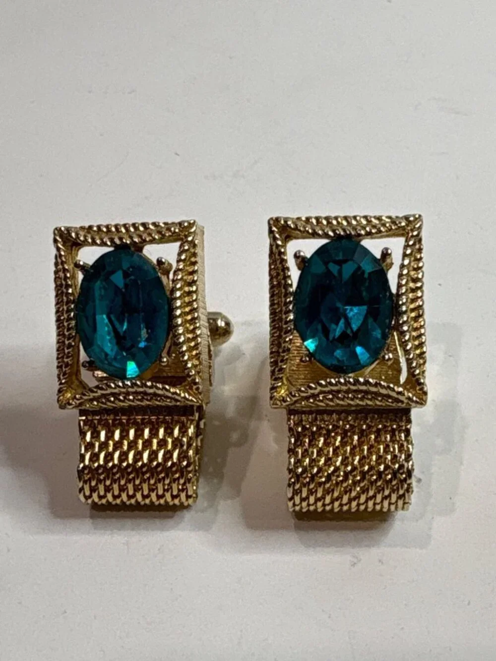 Vintage Swank Gold Mesh Wrap Cufflinks December Birthstone Blue Zircon MCM Box